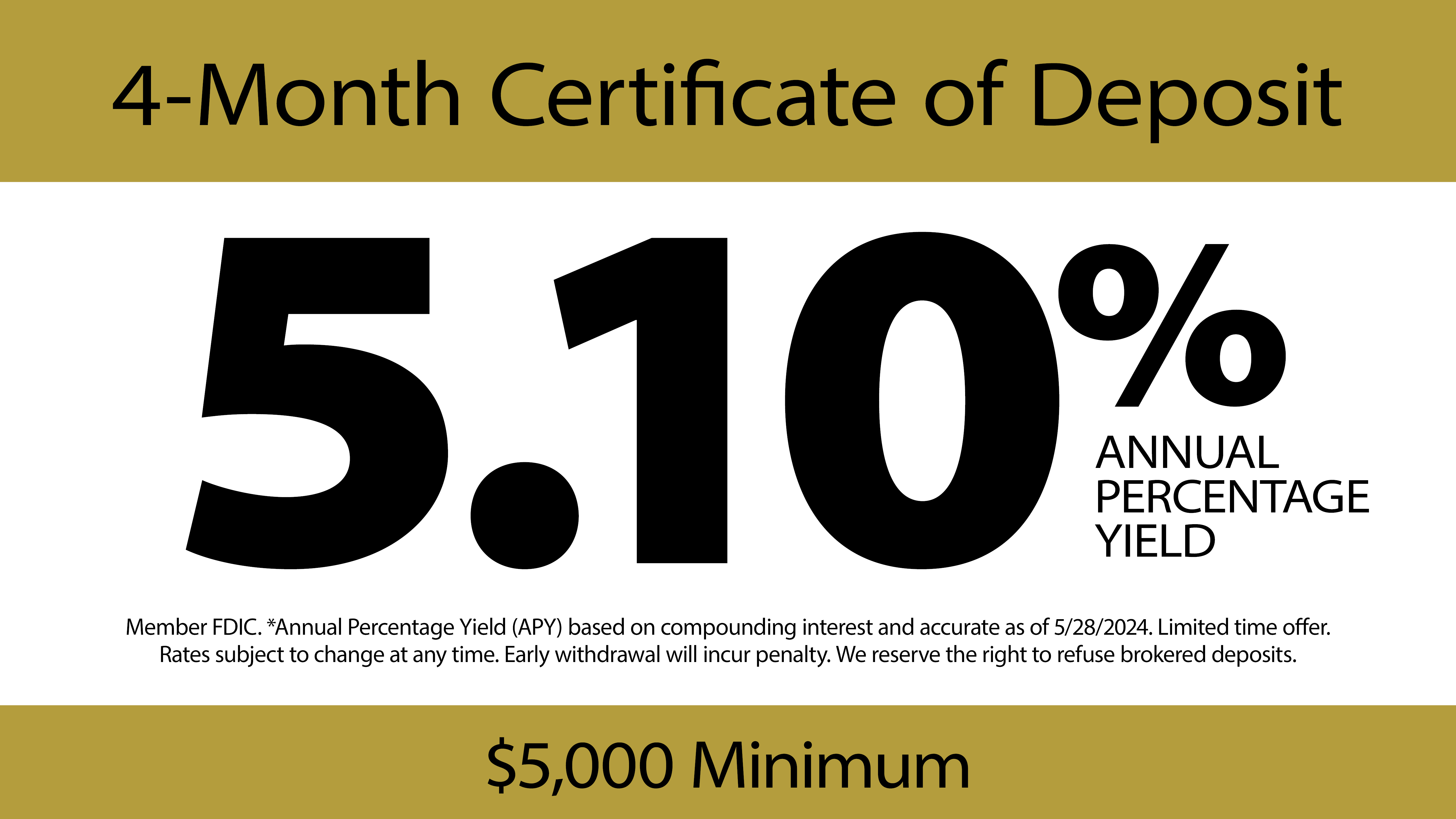 A 4-Month CD special with 5.10% APY and $5,000 minimum deposit