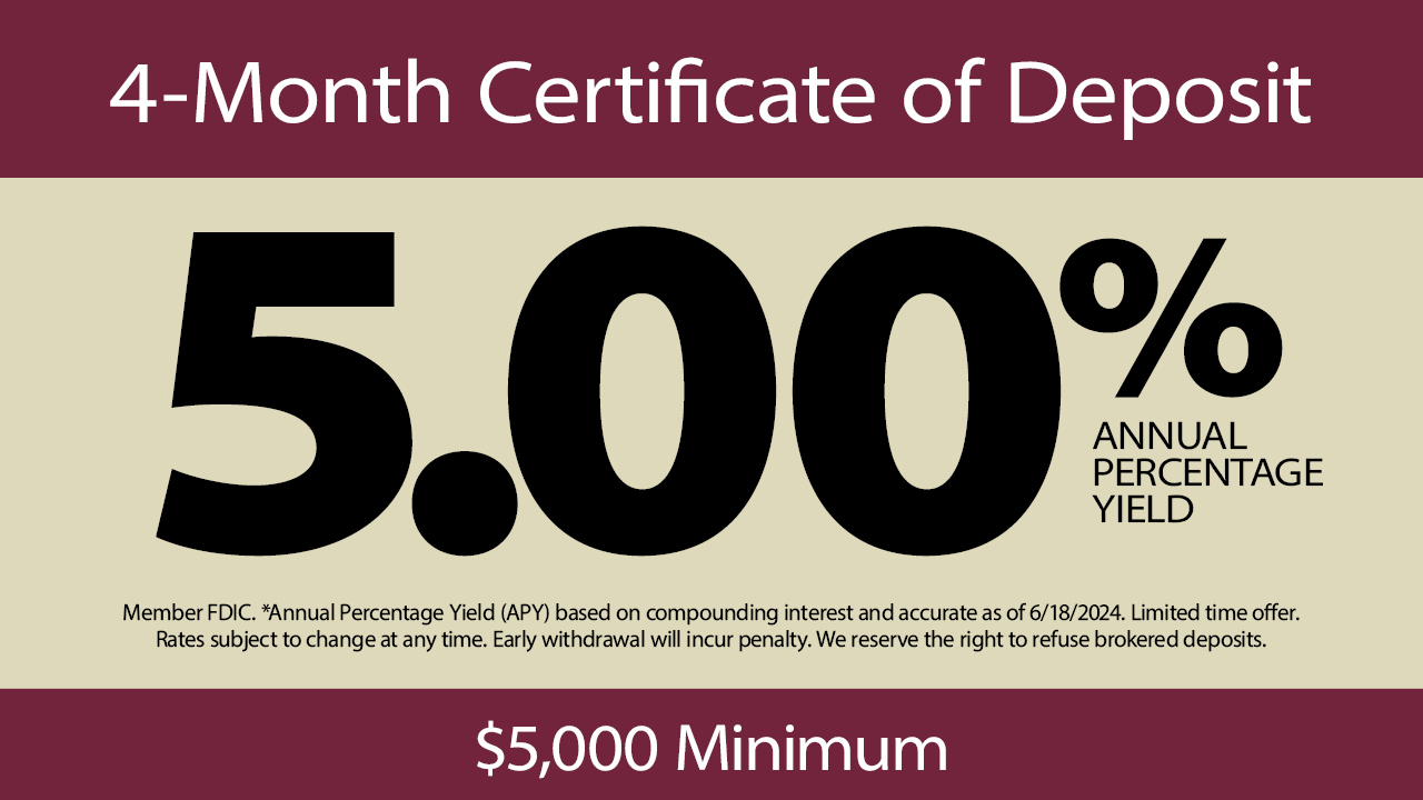 A 4-Month CD special with 5.00% APY and $5,000 minimum deposit